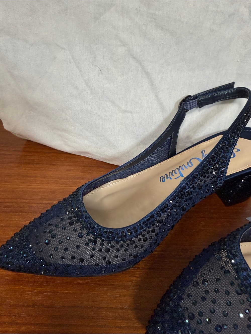 Lady Couture Navy Crystal Slingback Block Heels with Pointed Toe - Picture 3 of 5